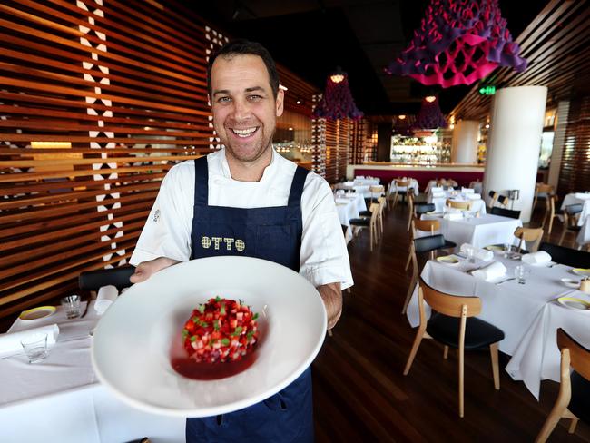 OTTO’s head chef Will Cowper with his favourite strawberry dish fragole (salted white chocolate and mascarpone mousse, buffalo yoghurt with strawberries). Picture: Tara Croser