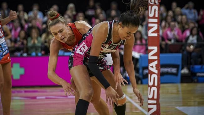 Thunderbirds shooter Maria Folau during the clash with NSW Swifts at the Entertainment Centre on Saturday. Picture: AAP/Mike Burton