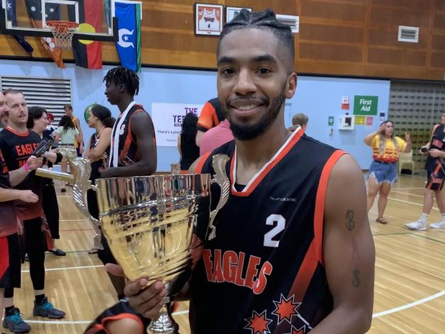 Eagles star Chris Elder celebrates a DBA Championship title after starring in the 2020 final against Tracy Village. Picture: Nathaniel Chambers