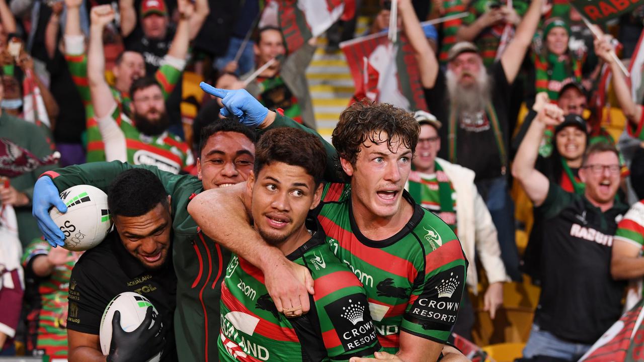 The Rabbitohs were having the time of their lives. Photo by Bradley Kanaris/Getty Images