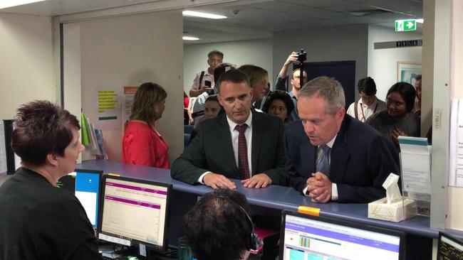 Opposition Leader Bill Shorten with Forde candidate Des Hardman talking to staff at the Logan Hospital. PHOTOS: JUDITH KERR 