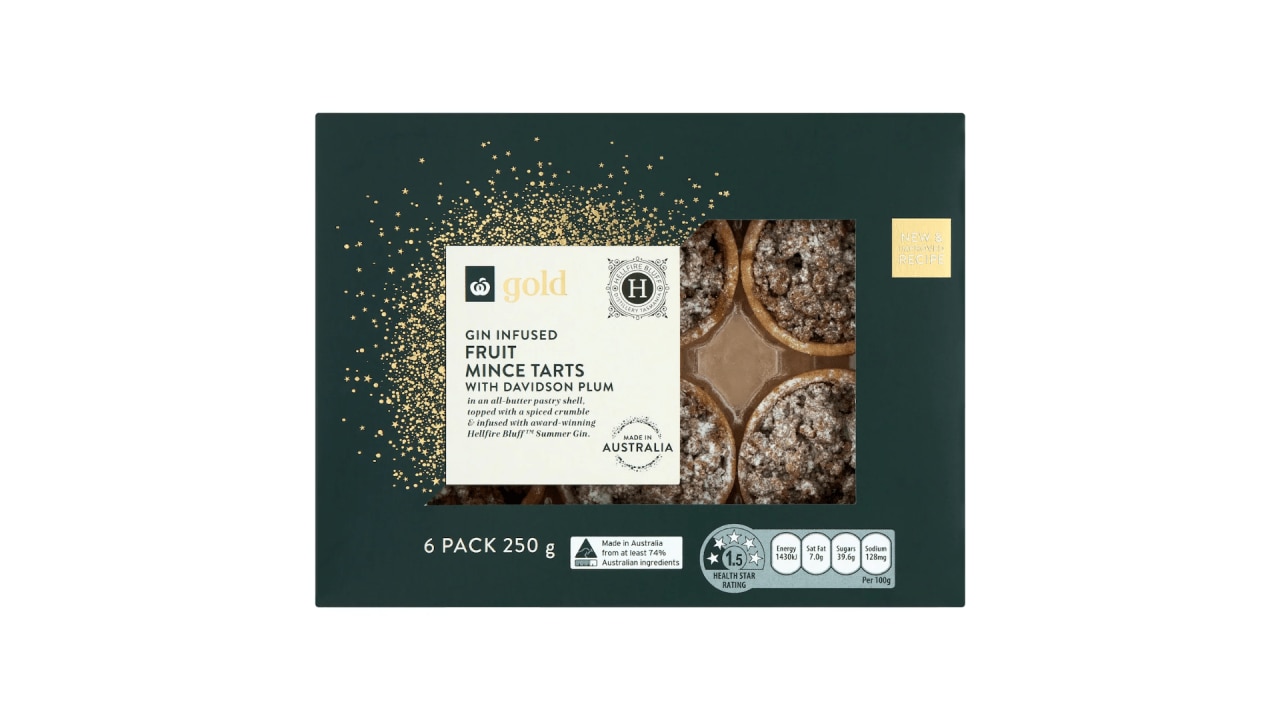 <h2><a href="https://www.woolworths.com.au/shop/productdetails/898063/woolworths-gold-gin-infused-fruit-mince-tarts-with-davidson-plum" target="_blank" rel="noopener">Woolworths Gin Infused Fruit Mince Tarts, $10 from woolworths.com.au</a></h2><p>Not only are these tarts portion-controlled, but with a 51 per cent fruit base and just over 100 calories per tart, and less than 5g of fat, you get all the flavour of a Christmas treat for minimal fat and calories.</p><p>They're not always in stock, so pick up a box when you see them!</p><p class="button-common"><a title="x" href="https://www.woolworths.com.au/shop/productdetails/898063/woolworths-gold-gin-infused-fruit-mince-tarts-with-davidson-plum" target="_blank" data-cta="x" data-editable="true">Shop here</a></p>