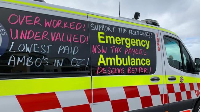 Paramedics around NSW chalking vehicles to support the March 21 – 22 industrial action organised by Australian Paramedics Association NSW. Picture: Australian Paramedics Association NSW