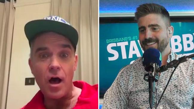 UK pop icon Robbie Williams shocked Brisbane breakfast listeners on Wednesday morning when he hijacked an interview on B105’s Stav, Abby &amp; Matt to ruthlessly mock radio host Matty Acton’s fashion sense.