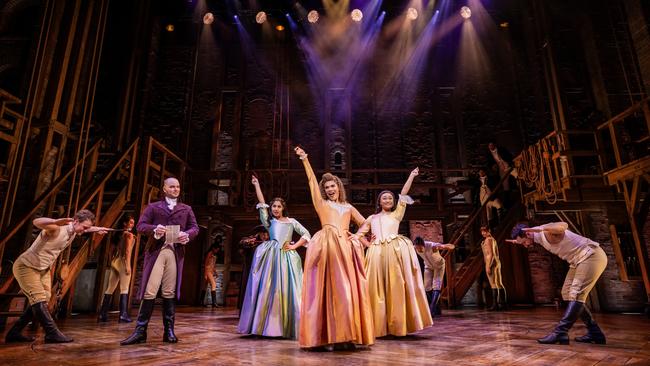 Akina Edmonds, centre, as Angelica in Hamilton. Picture: Daniel Boud