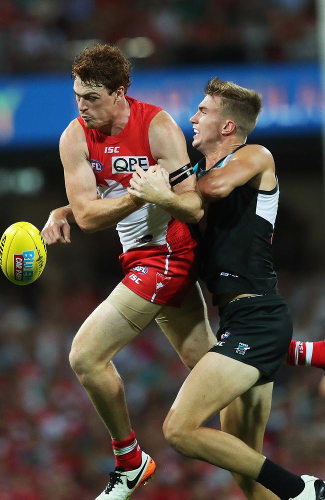 Port Adelaide's Dougal Howard spoils Sydney's Gary Rohan at the SCG on Sunday. Picture: Phil Hillyard