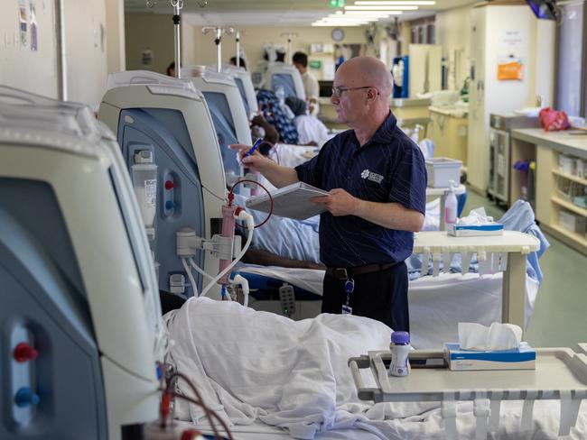 Nurse Dean Oldfield, who has worked at the Flynn Drive Renal Dialysis Clinic in Alice Springs  for 15 years. He says the last few years for him have been an "eye opener". "We do get quite a few youngsters," he said. Picture: Liam Mendes / The Australian