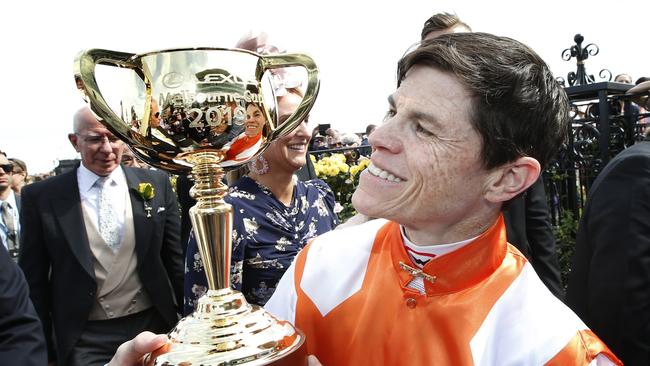 2019 Melbourne Cup. Main race. Winning Jockey Craig Williams on Vow And Declare, holds the Melbourne Cup finally in his hands.          Picture: David Caird