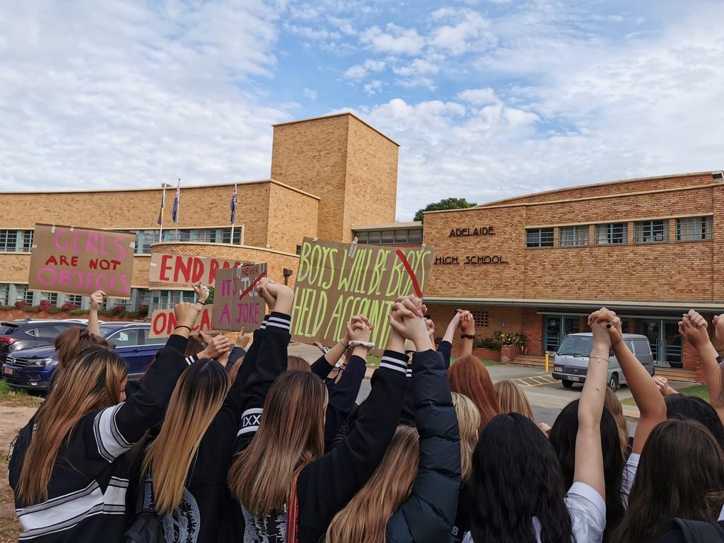 Adelaide High School students after walking out of class. Picture: Rebecca DiGirolamo