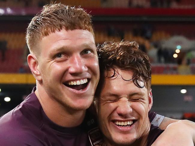 BRISBANE, AUSTRALIA - JUNE 05: Dylan Napa (L) and Kalyn Ponga (R) of the Maroons celebrate victory at the end of game one of the 2019 State of Origin series between the Queensland Maroons and the New South Wales Blues at Suncorp Stadium on June 05, 2019 in Brisbane, Australia. (Photo by Cameron Spencer/Getty Images)