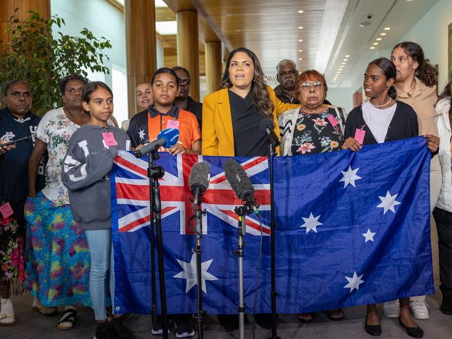 CANBERRA, AUSTRALIA - NewsWire Photos MARCH 22, 2023: Senator Nampijinpa Price and 22 Indigenous community leaders from as far away as Ngukurr in the NT with Fair AustraliaÃ¢â¬â¢s Indigenous Delegation against the Voice in Canberra. Media conference with a grassroots delegation of Indigenous Australians who have travelled to Canberra to demand the Prime Minister and Opposition Leader hear their Ã¢â¬ËnoÃ¢â¬â¢ case in opposition to the Voice, in Parliament House in Canberra.Picture: NCA NewsWire / Gary Ramage