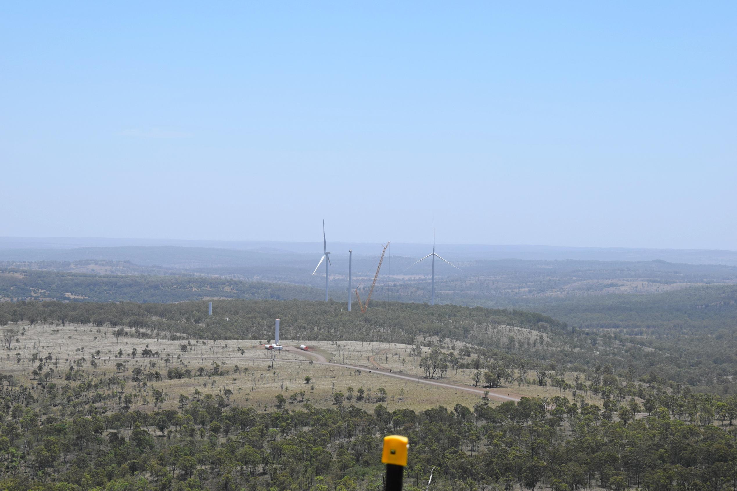 A look at the Coopers Gap wind farm with the completion of the third wind turbine only days away. Picture: Matt Collins