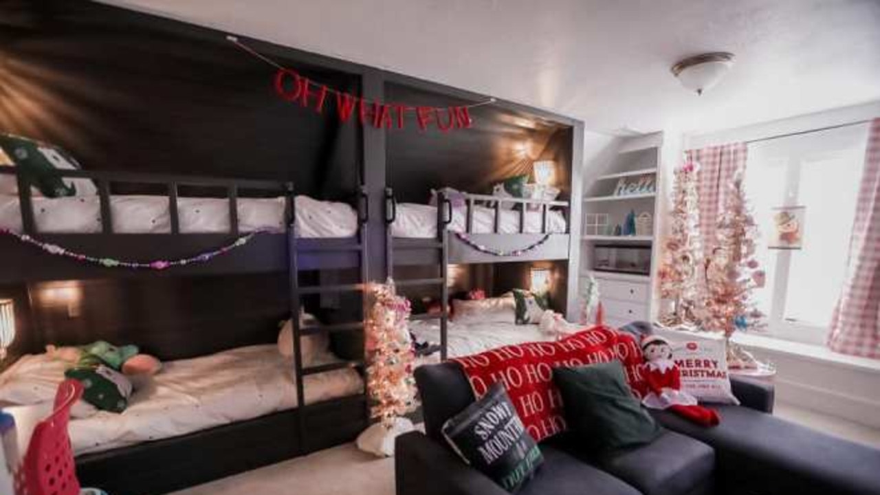 A mum shared how she made an epic sleepover room for her kids featuring four bunk beds. Credit: Facebook