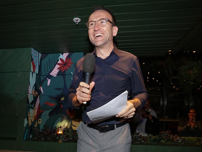 Adam Bandt speaks to the crowd on election night. Picture: NewsWire/Ian Currie