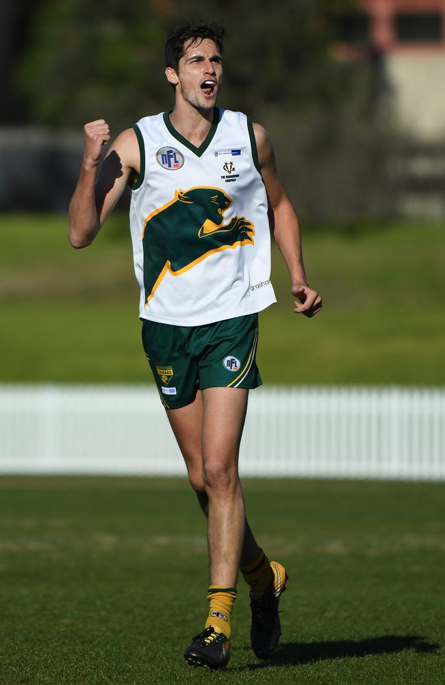 Ash Close celebrates one of his six goals for Northcote Park on Saturday. Picture: James Ross.