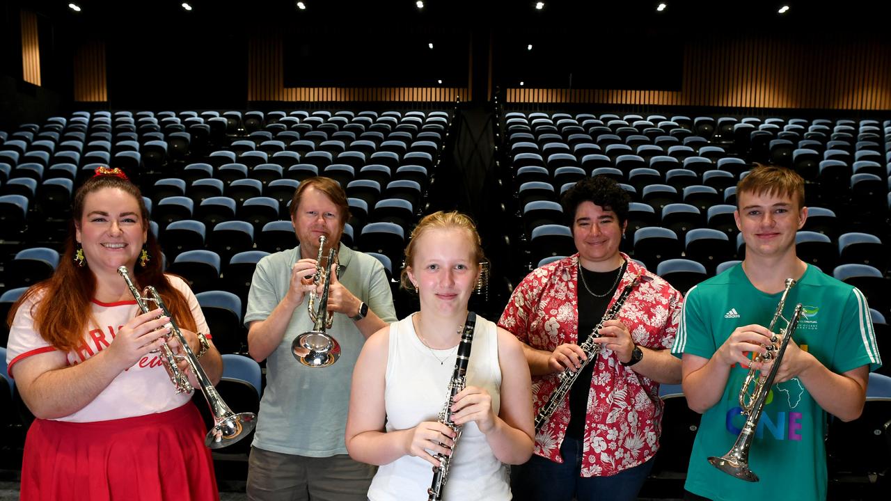 Great Barrier Reef Orchestra members Rianta Belford, Jeffrey Bird, Gabrielle Penaluna, Fracesca Adcock and Joel Offerman with instruments purchased for the orchestra from a grant. Picture: Evan Morgan