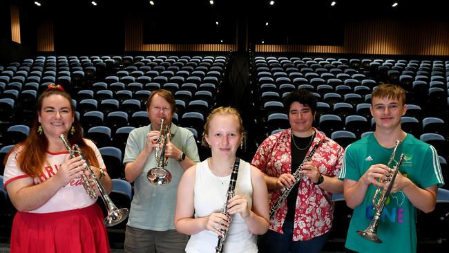 Great Barrier Reef Orchestra members Rianta Belford, Jeffrey Bird, Gabrielle Penaluna, Fracesca Adcock and Joel Offerman with instruments purchased for the orchestra from a grant. Picture: Evan Morgan