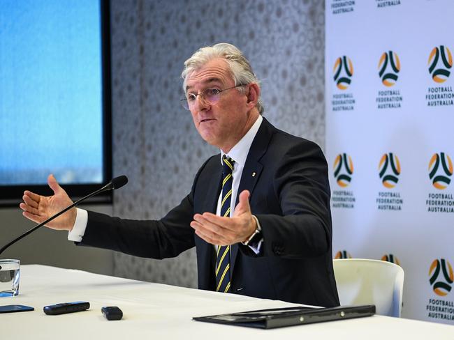 FFA Chairman Steven Lowy speaks to the media during a press conference in Sydney, Tuesday, October 2, 2018. Steven Lowy?s tenure as Football Federation Australia (FFA) chairman will end next month with the acceptance of constitutional changes at Tuesday?s general meeting in Sydney. (AAP Image/Brendan Esposito) NO ARCHIVING