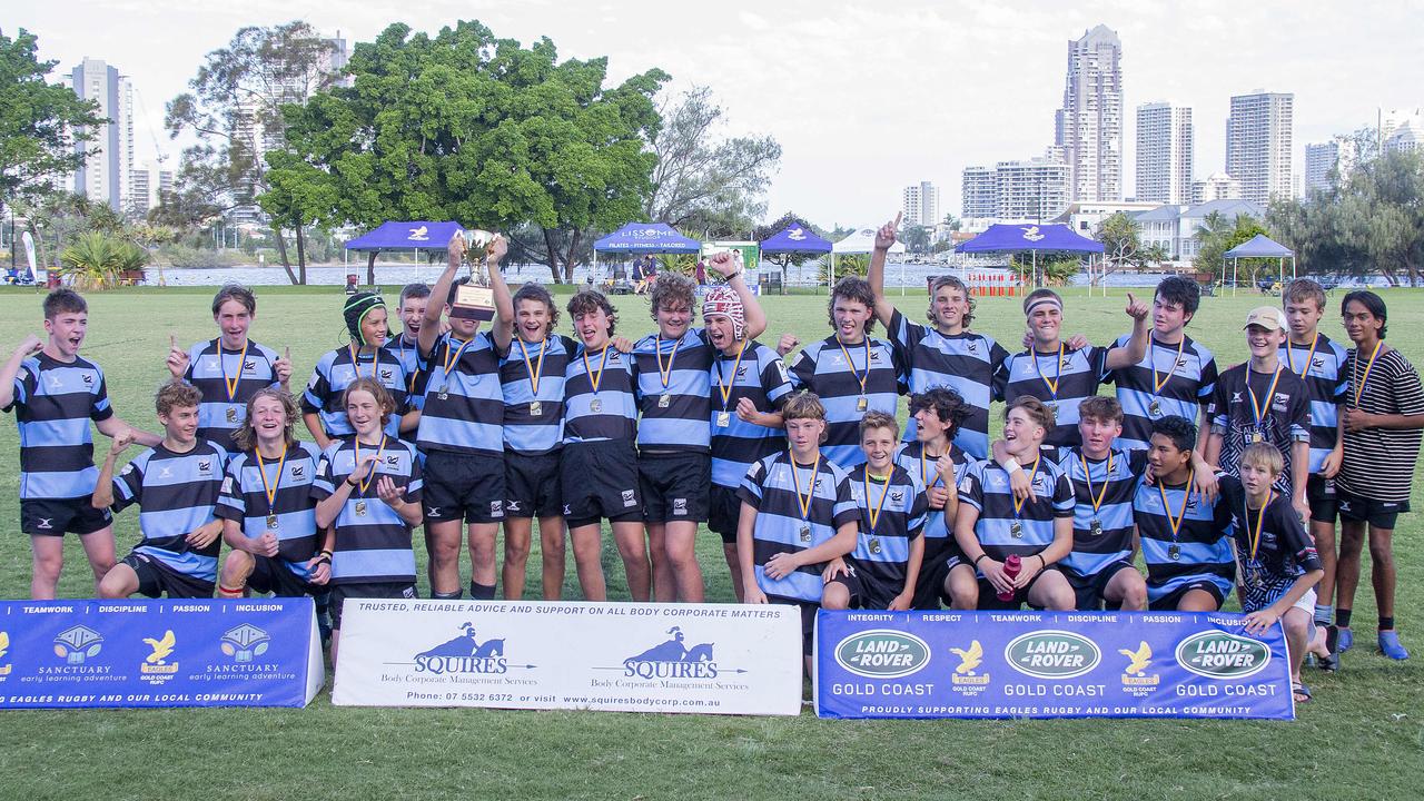 Maroochydore Swans were crowned the Under-15 champions at the King of the Country rugby union tournament at Gold Coast Eagles Rugby Union Club on Sunday 10 April 2022. Picture: Jerad Williams