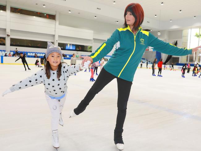 Hhuyao Zhang, 6, has a skating lesson with former Winter Olympian Monica MacDonald, who runs the Macquarie Ice Rink in North Ryde. Picture: AAP IMAGE/ Angelo Velardo