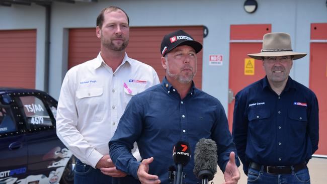 KAP candidate for Mundingburra Michael Pugh with deputy leader Nick Dametto and candidate for Burdekin Daniel Carroll at Reid Park in Townsville, as the KAP committed to securing the $10 million in funding for DriveIT NQ.