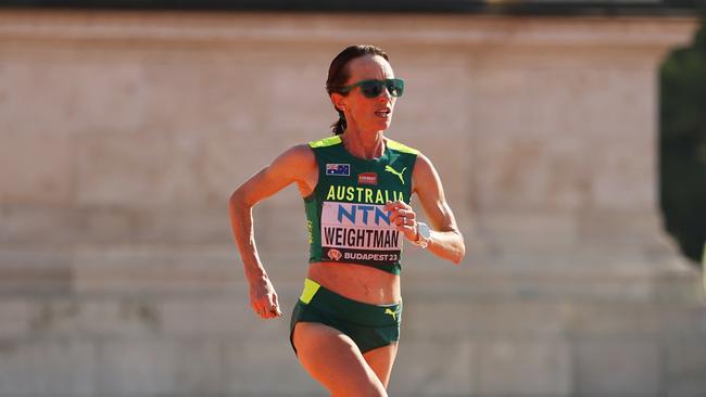 BUDAPEST, HUNGARY - AUGUST 26: Lisa Weightman of Team Australia competes in Women's Marathon during day eight of the World Athletics Championships Budapest 2023 at Heroes' Square on August 26, 2023 in Budapest, Hungary. (Photo by Patrick Smith/Getty Images)