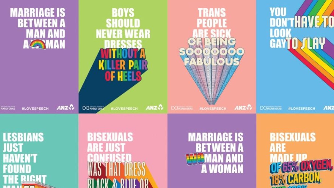 Some of the posters ANZ has distributed as part of its Love Speech campaign