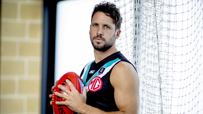 AFL Port Adelaide Player Travis Boak poses for a portrait at the Port Adelaide Football Club in Adelaide, Wednesday, February 26, 2020. (AAP Image/Kelly Barnes) NO ARCHIVING