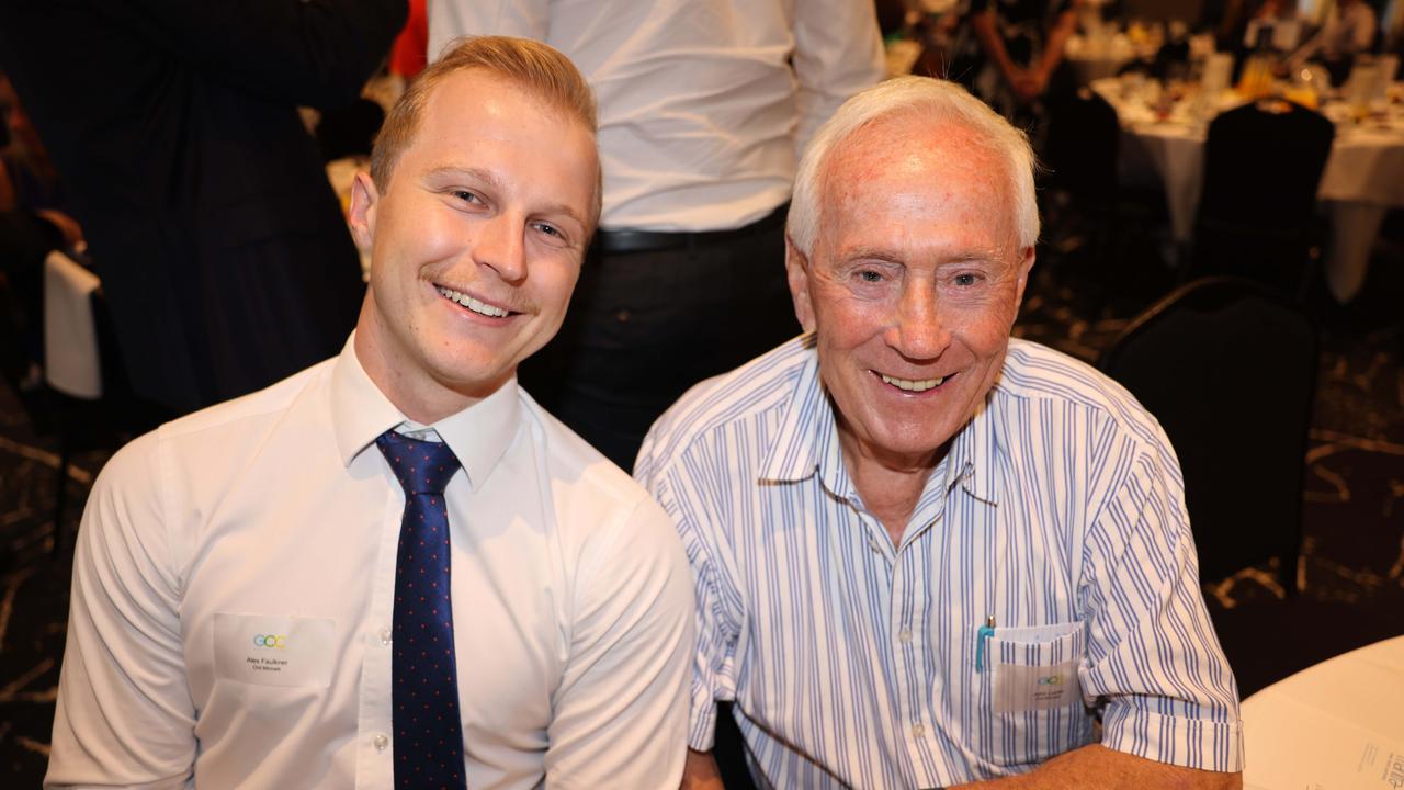 Alex Faulkner and John Lucas at the Gold Coast Central Chamber of Commerce Economic Health Check Breakfast 2024 at Mantra on View Surfers Paradise for Gold Coast at Large. Picture: Portia Large