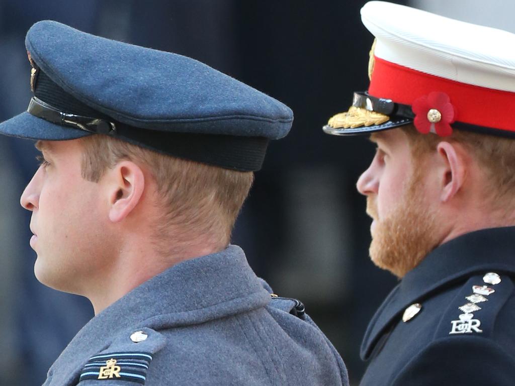 William and Harry in military dress for the annual Remembrance Sunday memorial at The Cenotaph in London, England. Picture: MTX