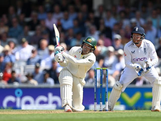 Alex Carey of Australia hits a six off Joe Root. Picture: Getty Images