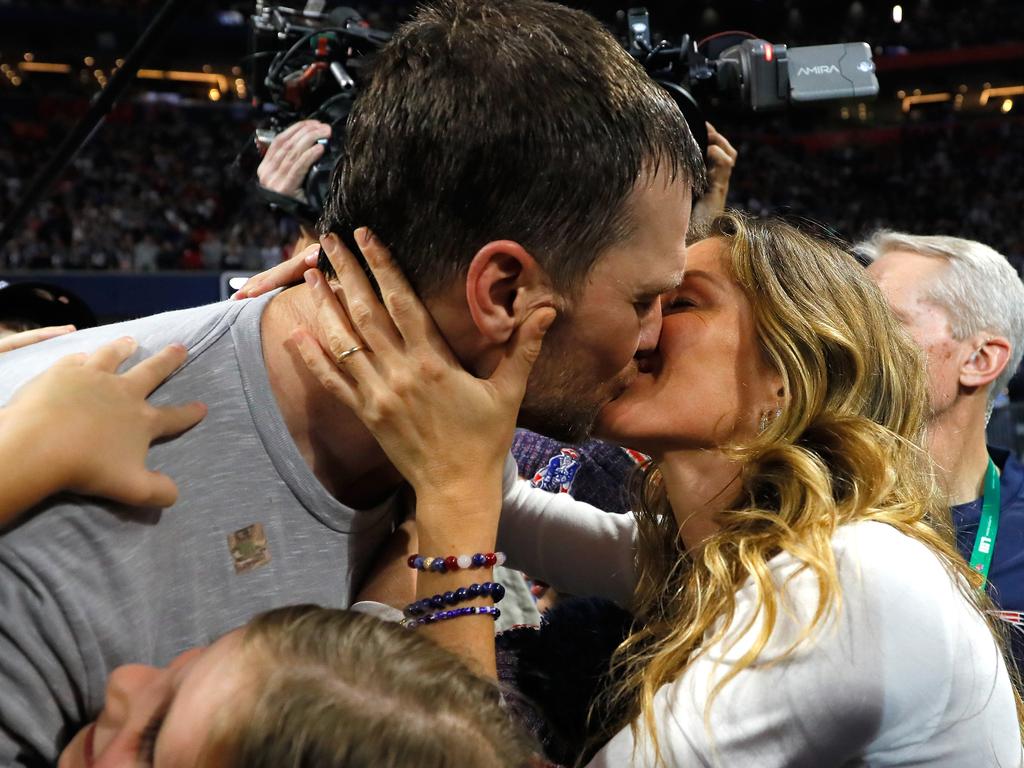 Tom Brady of the New England Patriots kisses his wife Gisele after the 2019 Super Bowl.