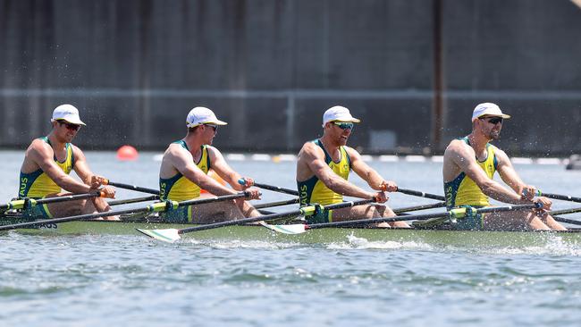 Australia’s Jack Cleary, Caleb Antill, Cameron Girdlestone and Luke Letcher compete during the Quadruple Sculls heat one. Picture: Getty Images