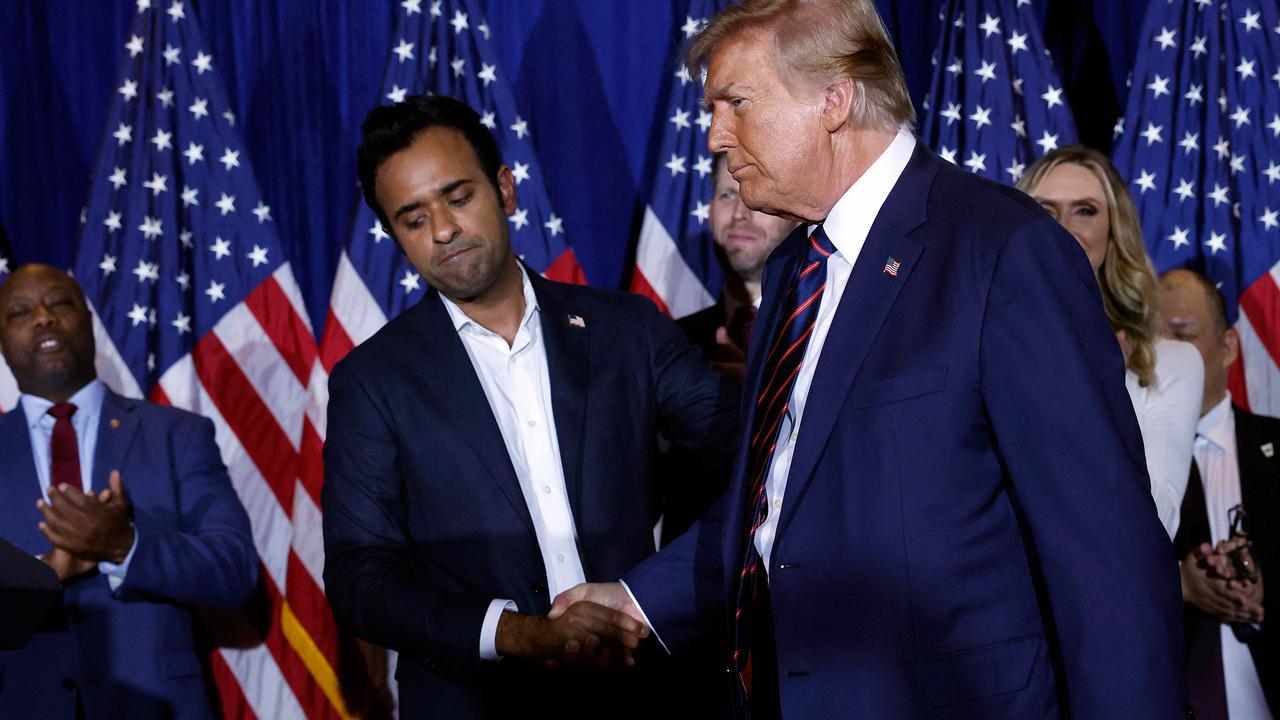 Republican presidential candidate Donald Trump shakes hands with former candidate Vivek Ramaswamy during a primary night party in Nashua, New Hampshire last month. Picture: CHIP SOMODEVILLA / GETTY IMAGES NORTH AMERICA / Getty Images via AFP