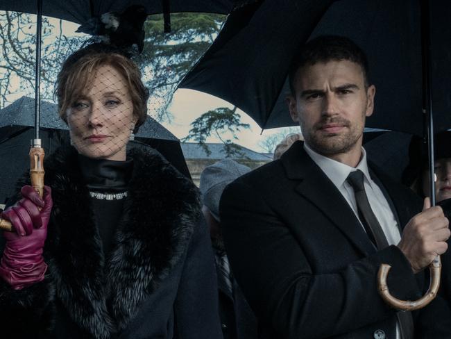 The Duke's funeral in The Gentlemen (2024, Netflix), Joely Richardson far left, Theo James, and far right, Daniel Ings