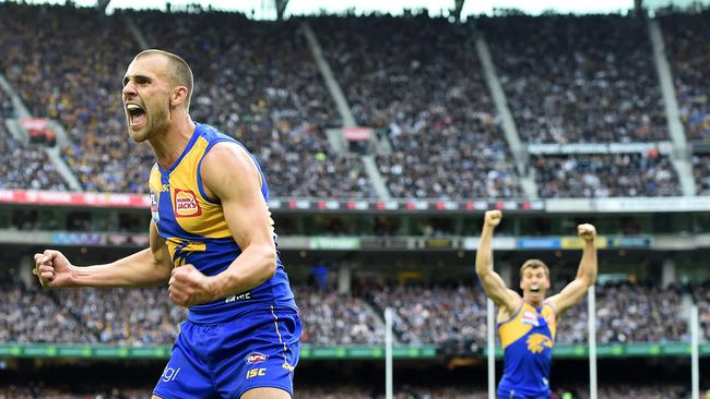 Dom Sheed celebrates his late goal during last year’s grand final against Collingwood. Picture: Nicole Garmston.