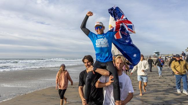 Jarvis Earle, pictured here after winning the 2022 World Junior Championships in at San Diego, California, has blown the field away on this season’s QS. (Photo by Kenny Morris/World Surf League)