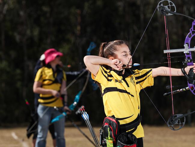 Archer Lara Pilavci 9-years posing Troy Adams Archery Field in Werrington NSW, Australia. 1 September, 2018. Archer Lara Pilavci is a state and national representative archer. (AAP IMAGE / Carmela Roche).