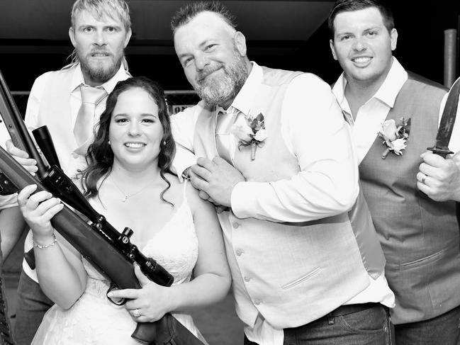 From riding a horse down the aisle to a wedding party posing with their hunting gear, Nicole and Tjay's wedding was full of colourful moments.Photograph: www.oliver-thompson.com