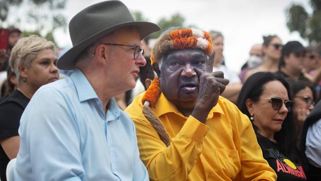 Yunupingu provided advice to many Australian politicians, including Prime Minister Anthony Albanese, who he met recently at Garma 2022. Picture: Melanie Faith Dove