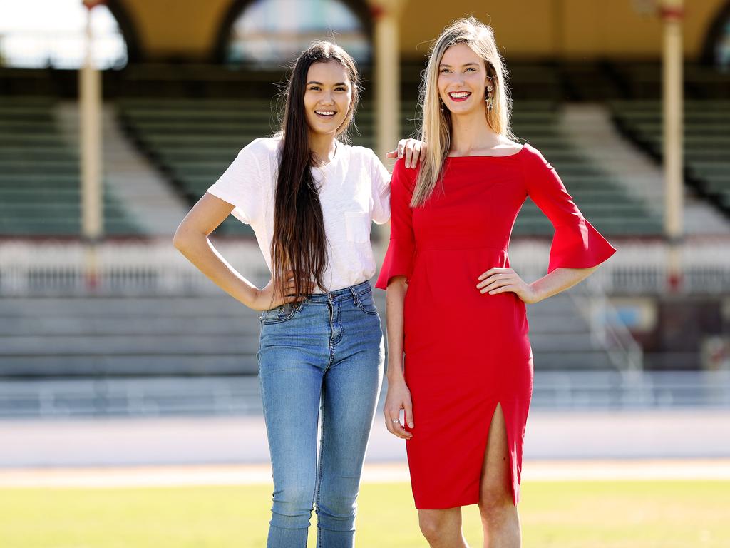 Mele Vei, 18, and Tiarna Herbert, 17, at their first ever Ekka model casting at RNA Showgrounds at a previous Ekka. Picture: Tara Croser