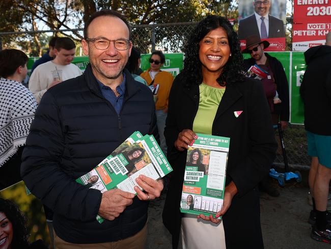 Greens candidate Samantha Ratnam with Mr Bandt. Picture: Morgan Hancock