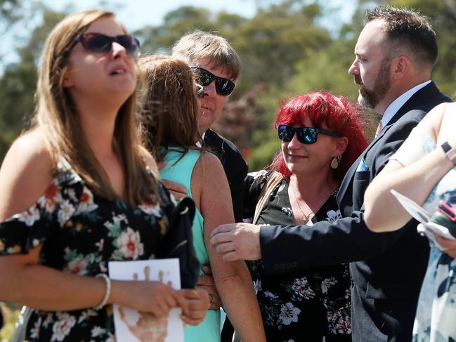 from left, Shelbi’s sister Samantha Gill, mother Tania Gill, stepfather Laurie Gill, stepmother Karen Williams and father Rob Berechree after the service. Picture: NIKKI DAVIS-JONES