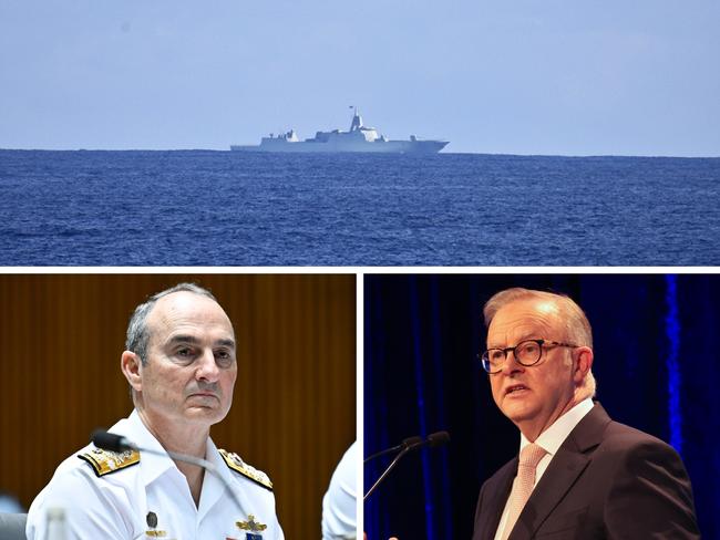 A Chinese warship south of Tasmania on Wednesday; Chief of the Defence Force, Admiral David Johnston; Prime Minister Anthony Albanese. Pictures: New Zealand Defence Force; Martin Ollman; David Caird.