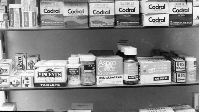 Vincent’s Powders and Bex with aspirin and cold medicine on the shelf in 1979.