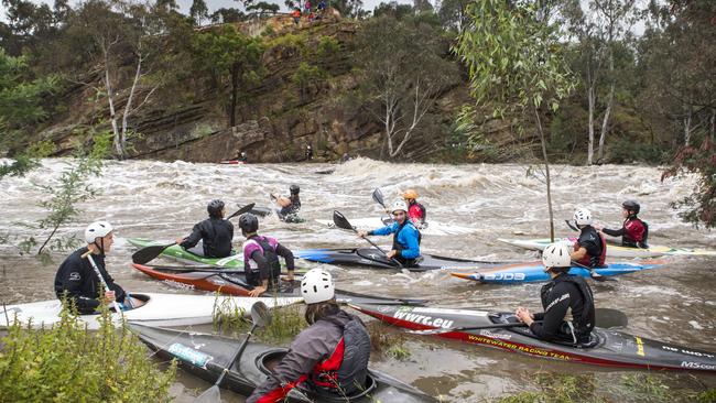 Experienced kayakers taking on Dights Falls on the Yarra River after the weekend’s rain. Picture: Sarah Matray