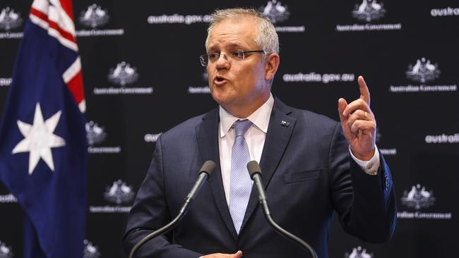 Scott Morrison during a news conference at Parliament House in Canberra on Friday. Picture: AAP