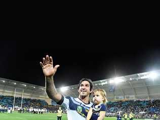 LEGEND RETIRES: North Queensland Cowboys half Johnathan Thurston waves goodbye following his final NRL match against the Gold Coast Titans. Thurston said his time as a teenager in Toowoomba turned his life around. Picture: DAVE HUNT