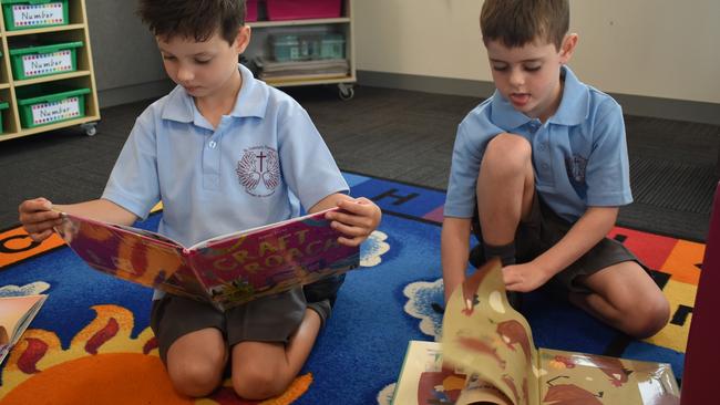 Kai Clark and Charlie Stoddart on their first day at St Gabriel's Primary School, Traralgon on January 30, 2025. Picture: Jack Colantuono