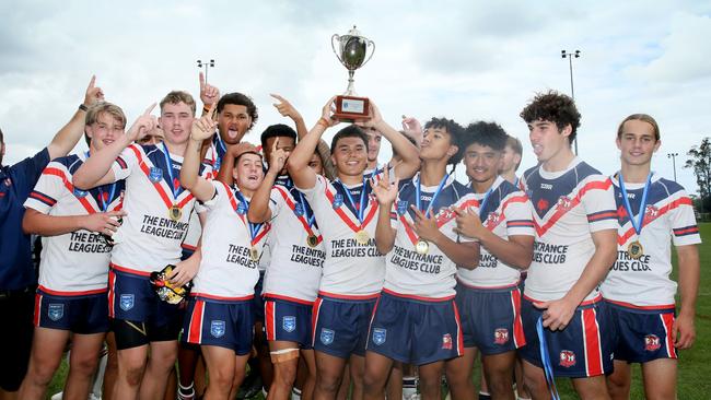 Central Coast Roosters celebrate Andrew Johns Cup victory in 2023. Picture: Sue Graham